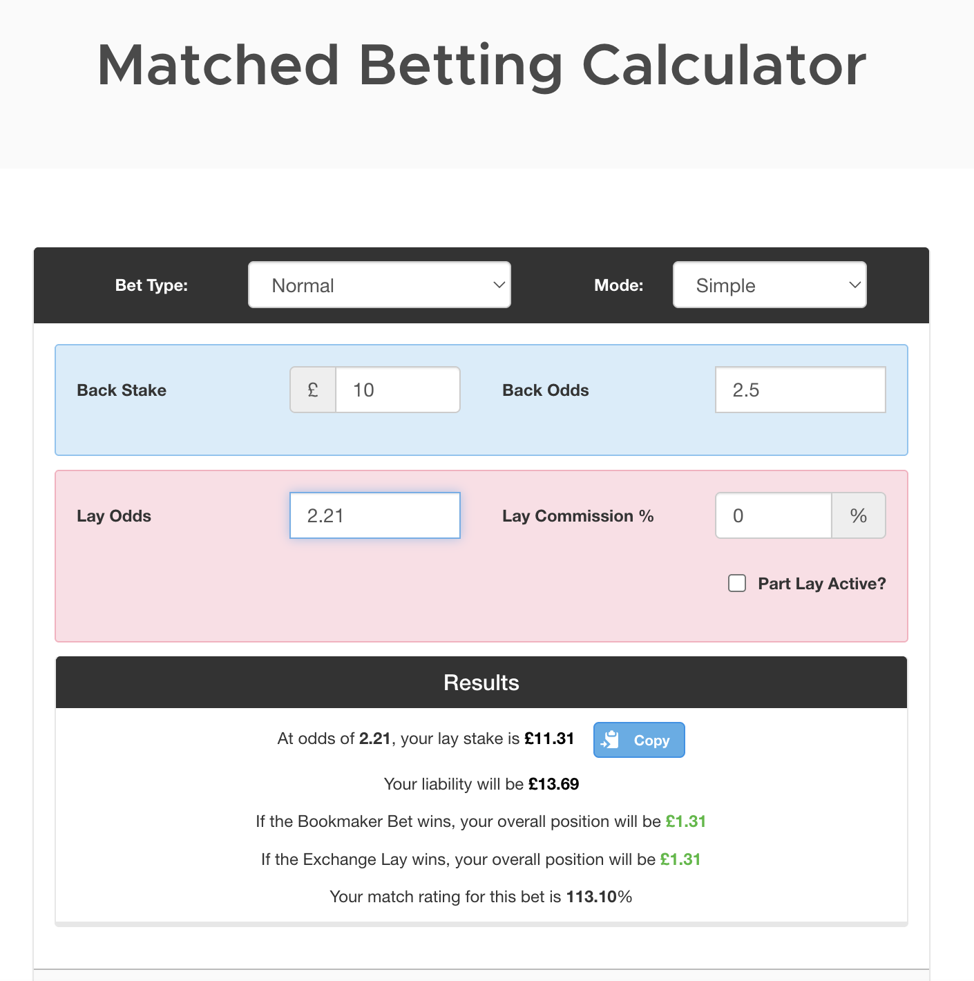Outplayed Matched Betting calculator, showing an example arbitrage bet